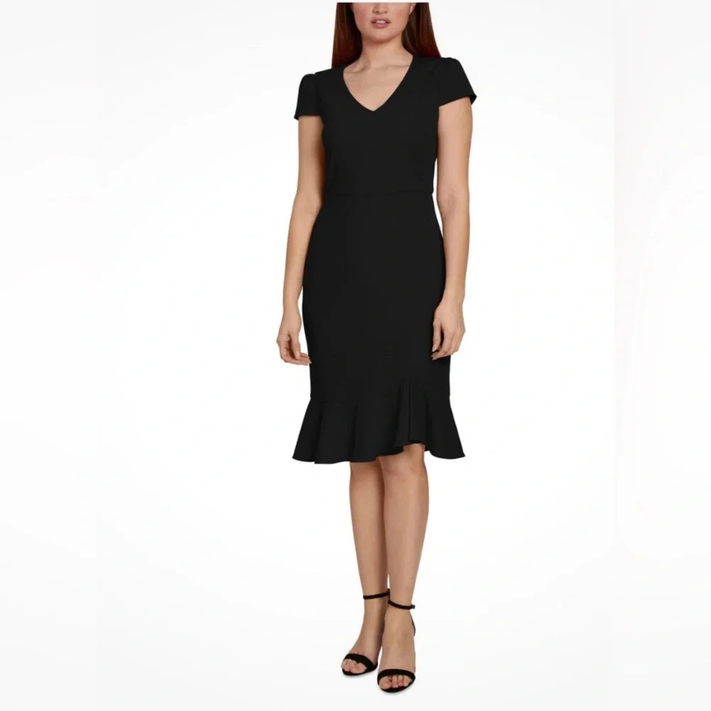 NWT Sage Black Scuba Crepe Asymmetrical Cap Sleeve Dress